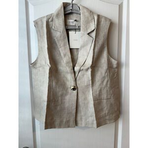 Women's DISSH Beige Linen Sleeveless Vest Size 8 with Gold Button